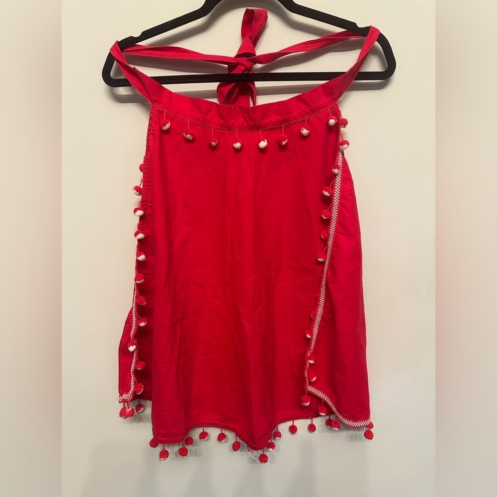 Vintage Holiday Vibes Red Pom-Pom Trim Apron OS